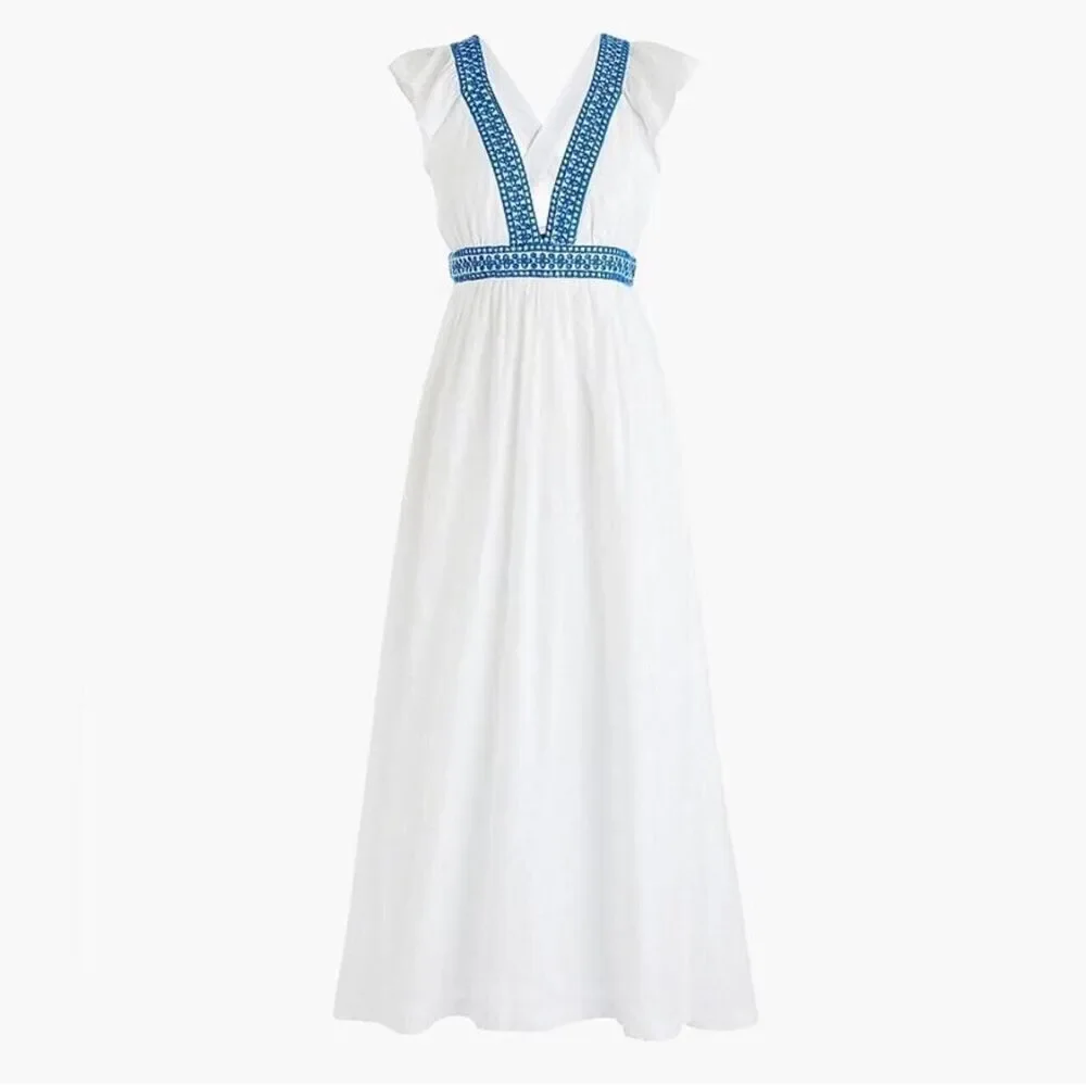 NWT J-Crew White and blue v-neck maxi ruffle cami sleeves dress